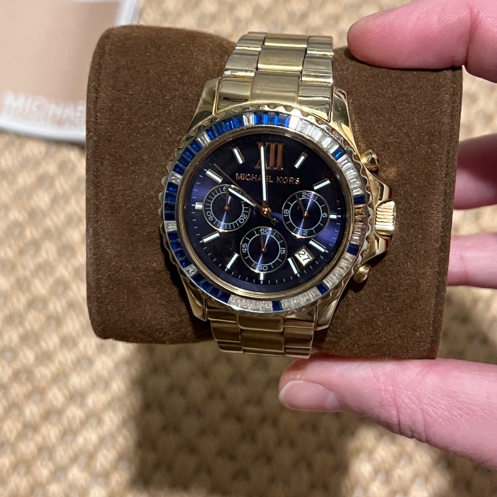 Michael Kors Blair Blue Crystal Chronograph Watch Gold Tone MK w/ Box - Picture 3 of 6